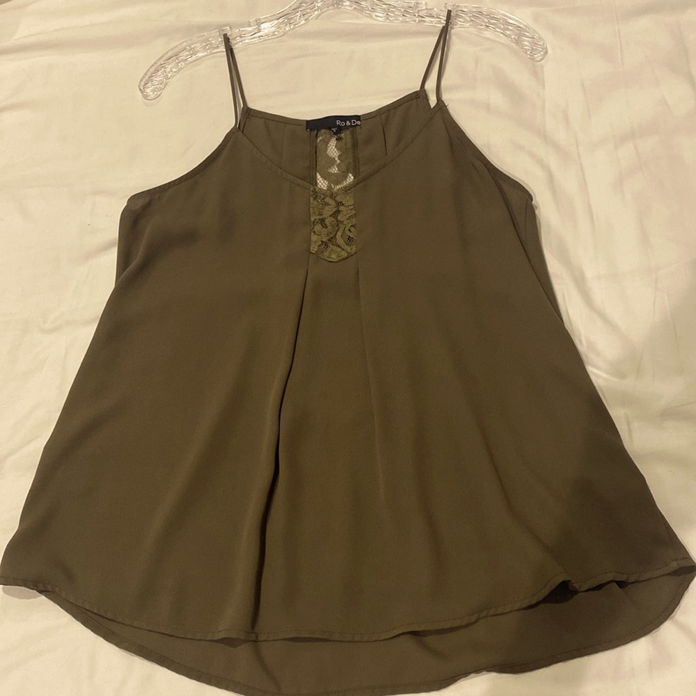 Spaghetti strap tank. Flowy, olive green, lace detail, size S